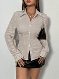 Long Sleeve Button Down Shirt Women Slim Fit Striped Top Work Office Commuting Streetwear Autumn Winter Fashion