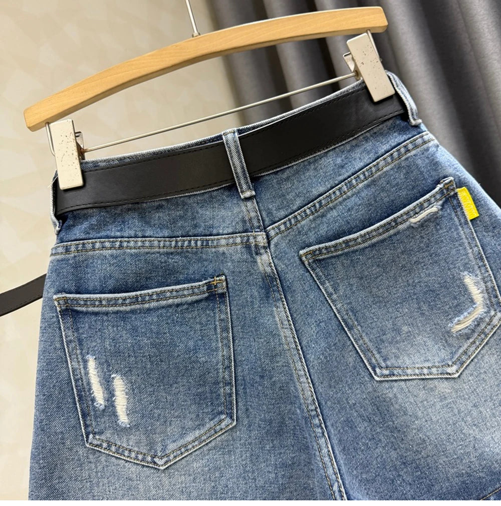 High Waist Ripped Women's Denim Skort 2025 Summer New Fashion A-line High Waisted Skinny Hot Shorts Versatile Pant Skirt