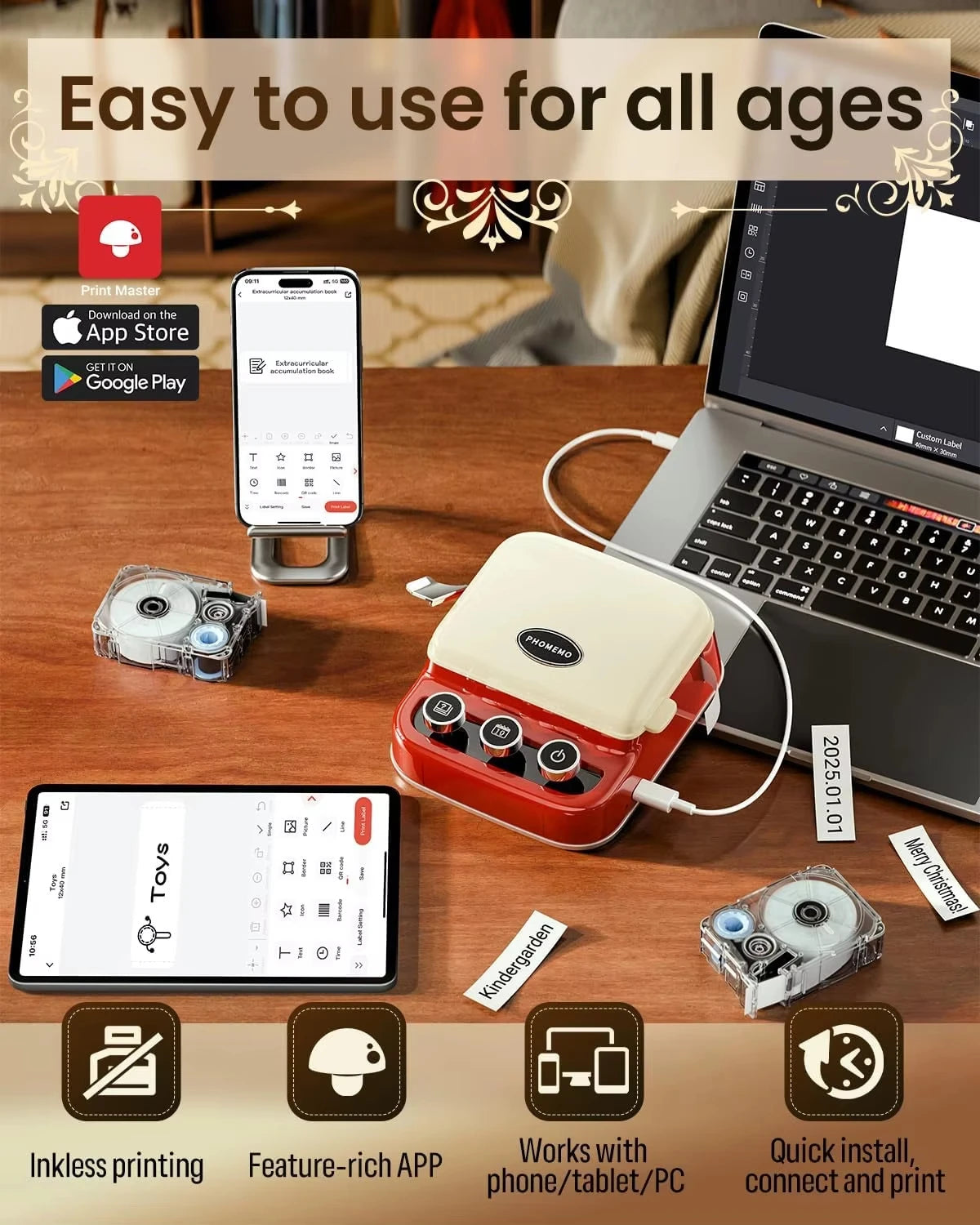 Phomemo P15 Label Printer Gift Label Printer Ribbon Label Printer Bluetooth-enabled Printing Rechargeable for Name Tag