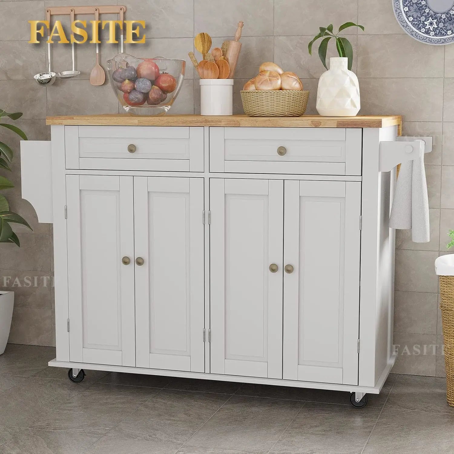 Movable Kitchen Carts on Wheels Island with Storage Cabinet, Island Table for Kitchen with Rubber Wood Top and Rack and Drawers