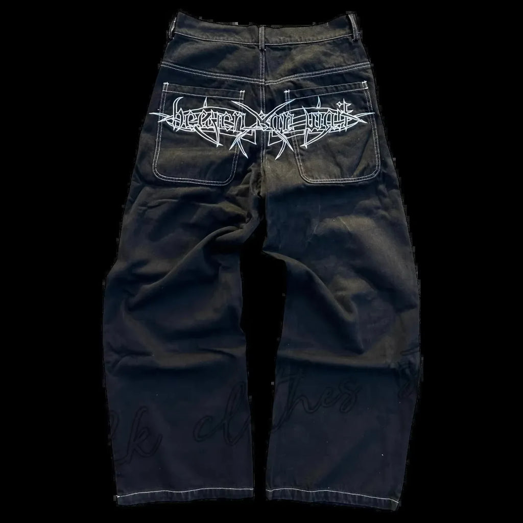 Retro Skull Embroidery Y2K Jeans Mens Hip Hop Washed Baggy Denim Pants New Straight Casual Loose Wide Leg Trouser Streetwear