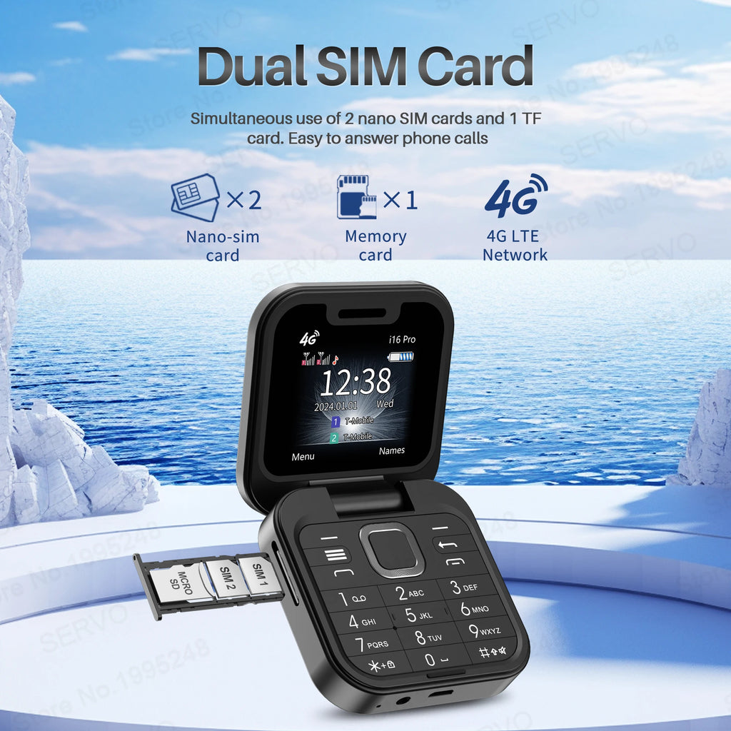 SERVO Mini Flip Mobile Phone 4G/2G Cellular 1.77" Diaplay Speed Dial Flashlight Recorder FM Radio Dual SIM Foldable Cellphones