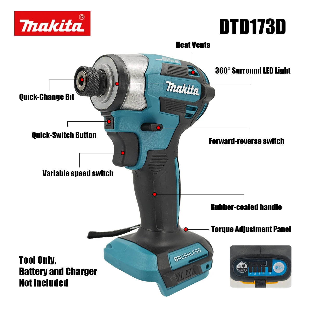 Atornillador Impacto Makita DTD173 | 1800RPM 180Nm - Para Madera, Pernos y Metal