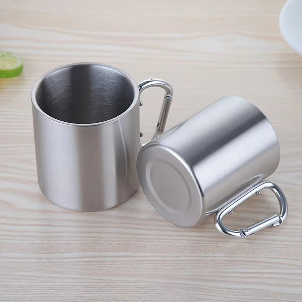 1PCS Portable Stainless Steel Camping Cup with Carabiner Clip, Lightweight Travel Mug for Hiking Backpacking Outdoor (201 Grade)