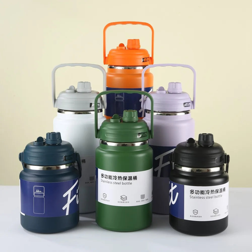 Stainless Steel Insulated Water Bottle 1.5/2/2.5L Large Capacity Sport Thermal Cup Fall-resistant with Straw Vacuum Flask