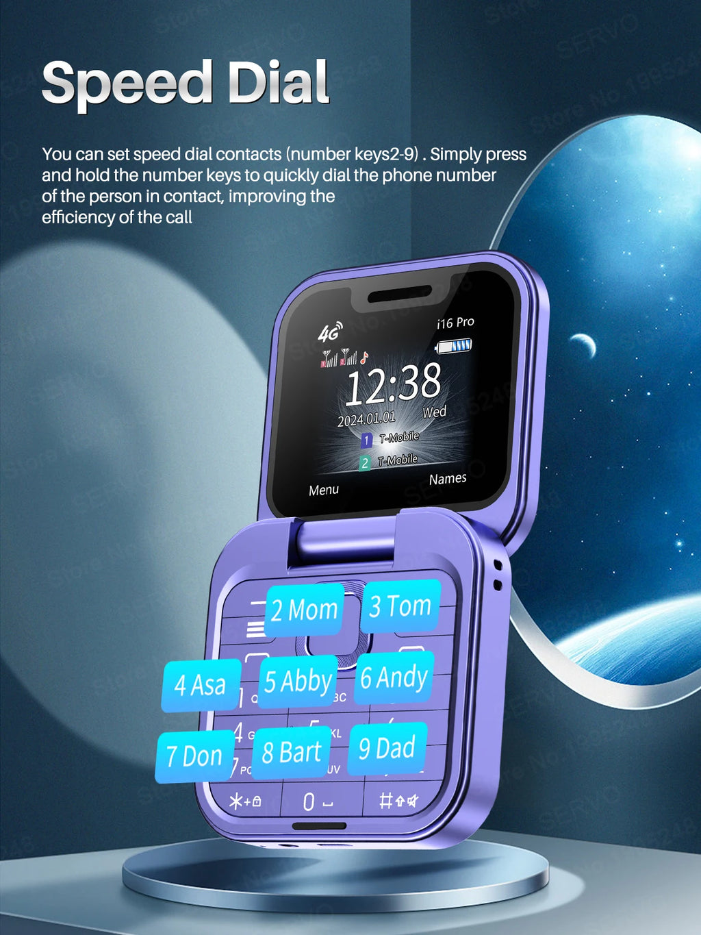 SERVO Mini Flip Mobile Phone 4G/2G Cellular 1.77" Diaplay Speed Dial Flashlight Recorder FM Radio Dual SIM Foldable Cellphones