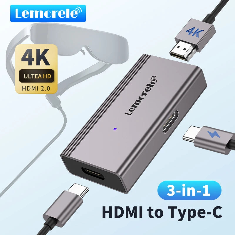 Lemorele 4K AR Glasses Adapter HDMI to Type-C AR Glasses Charging Converter USB-C Video Adapter for Xreal Airs Rokid Switch