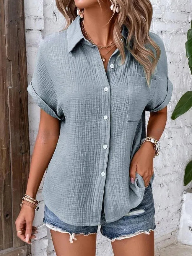 Women Casual Cotton Blouse Vintage Summer Short Sleeve Slim Shirt Elegant Turn Down Collar Solid Tunics Harajuku Streetwear Tops