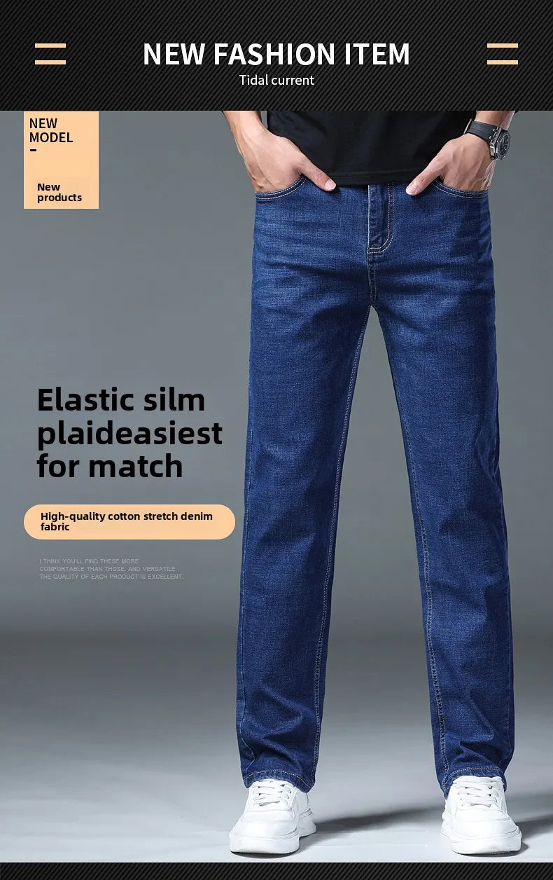 2026 Stretch Stretch Fashion Classic Blue Black Work  New Business Men's Jeans Casual StraightDenim Trousers Male Brand Clothing