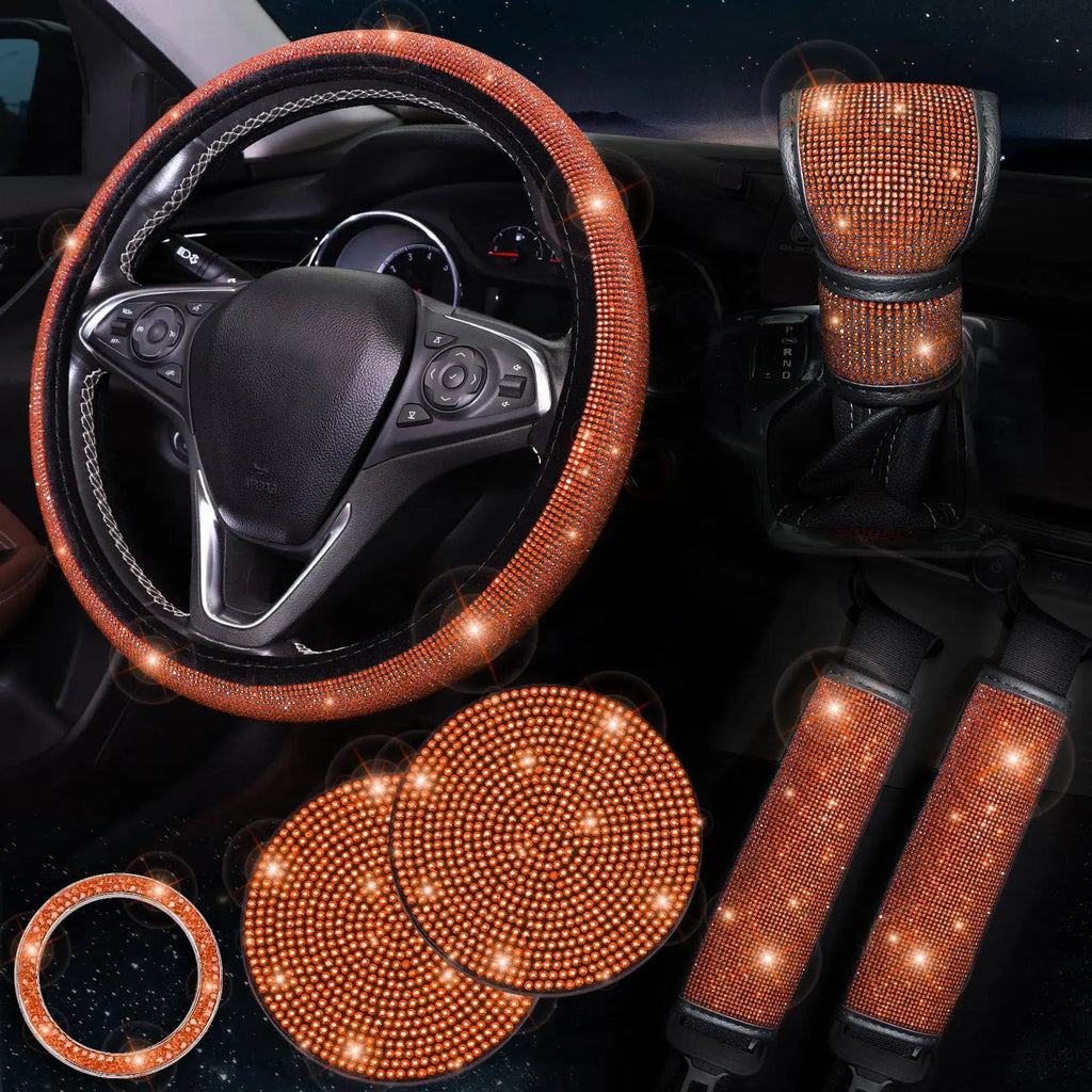 38cm Bling Car Accessories Set For Women Rhinestones Steering Wheel Cover Safety Belt Covers Gear Shift Cover Diamond Cup Pads
