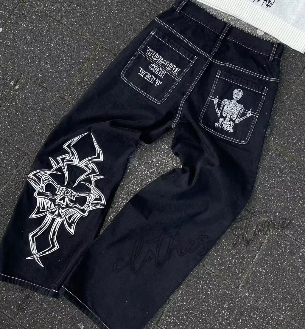 Retro Skull Embroidery Y2K Jeans Mens Hip Hop Washed Baggy Denim Pants New Straight Casual Loose Wide Leg Trouser Streetwear