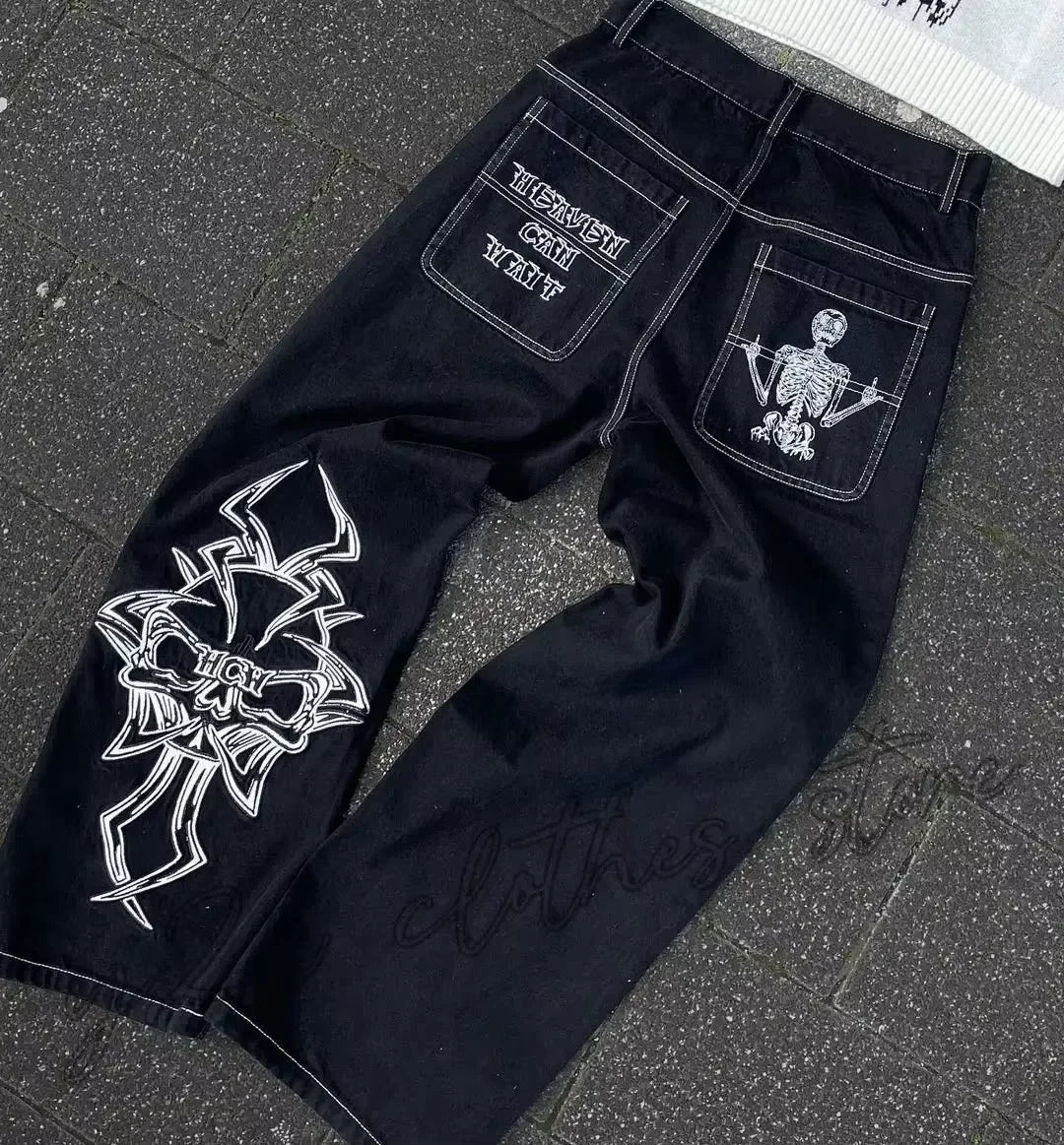 Retro Skull Embroidery Y2K Jeans Mens Hip Hop Washed Baggy Denim Pants New Straight Casual Loose Wide Leg Trouser Streetwear