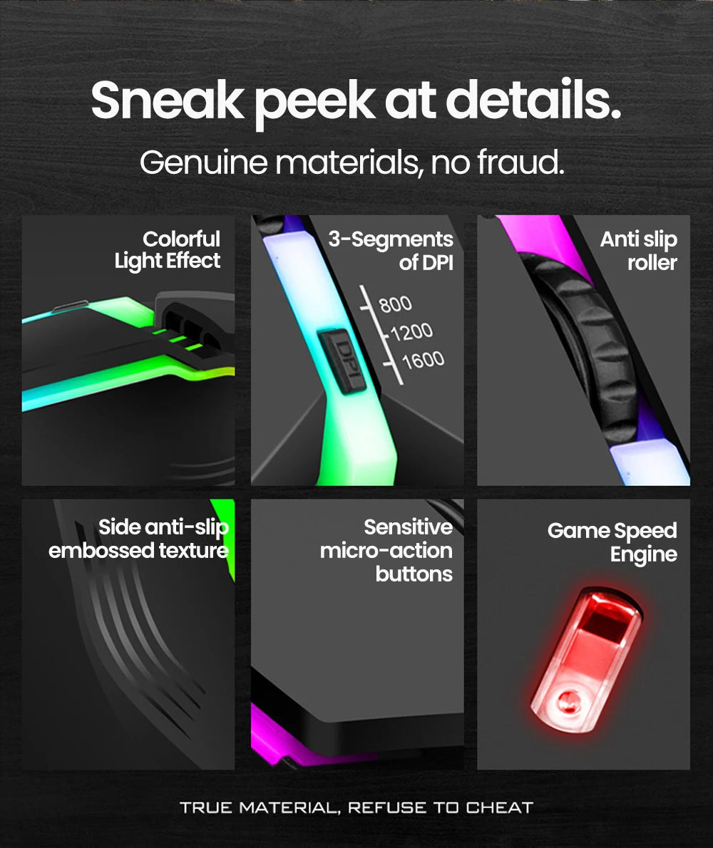 Mouse Gamer USB con LED RGB - Silencioso 1600DPI