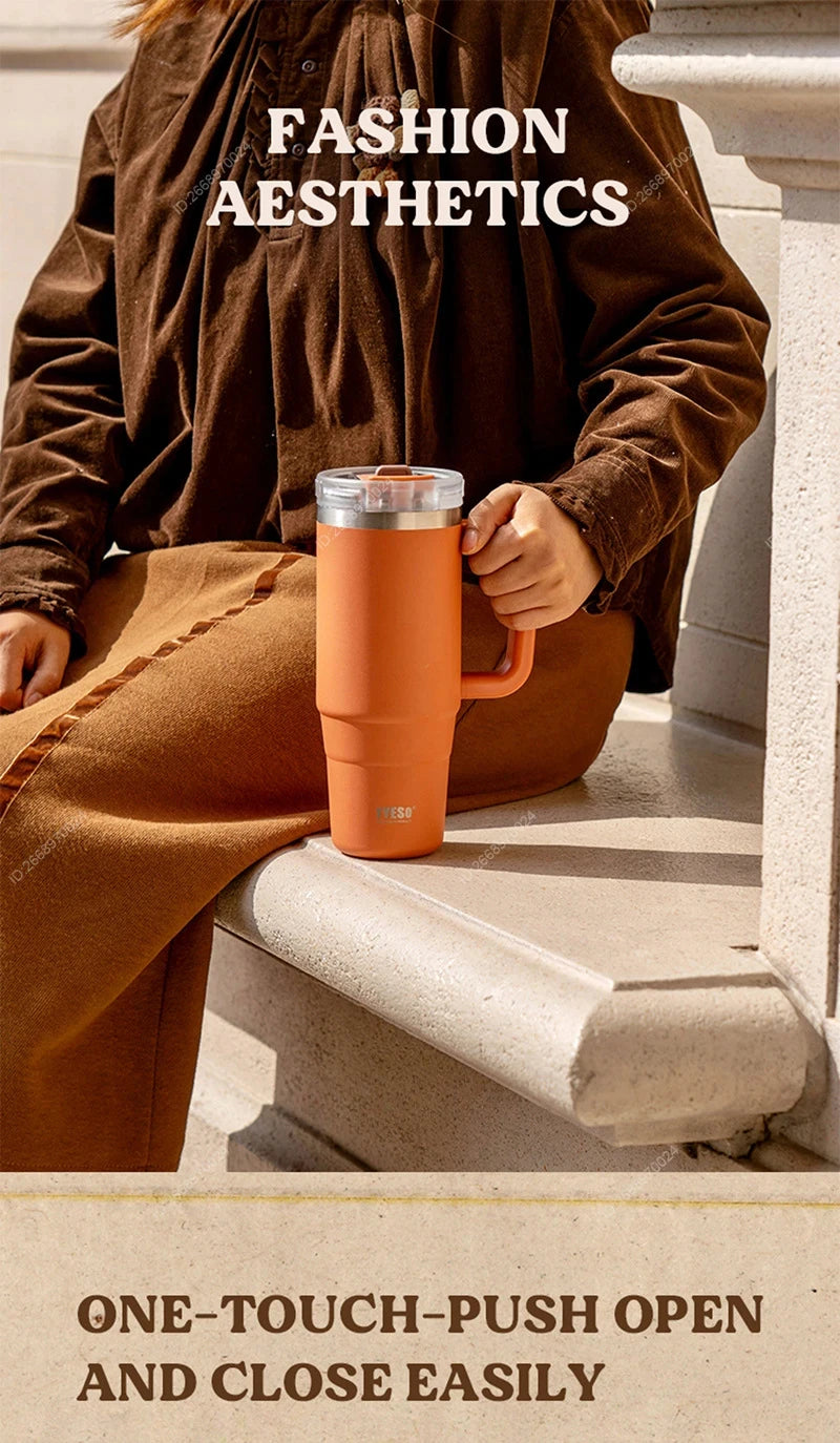 Tyeso 900ml/1200ml Big Capacity Thermal Mug Stainless Steel Insulated Water Bottle with Straw Outdoor Travel Car Tumbler
