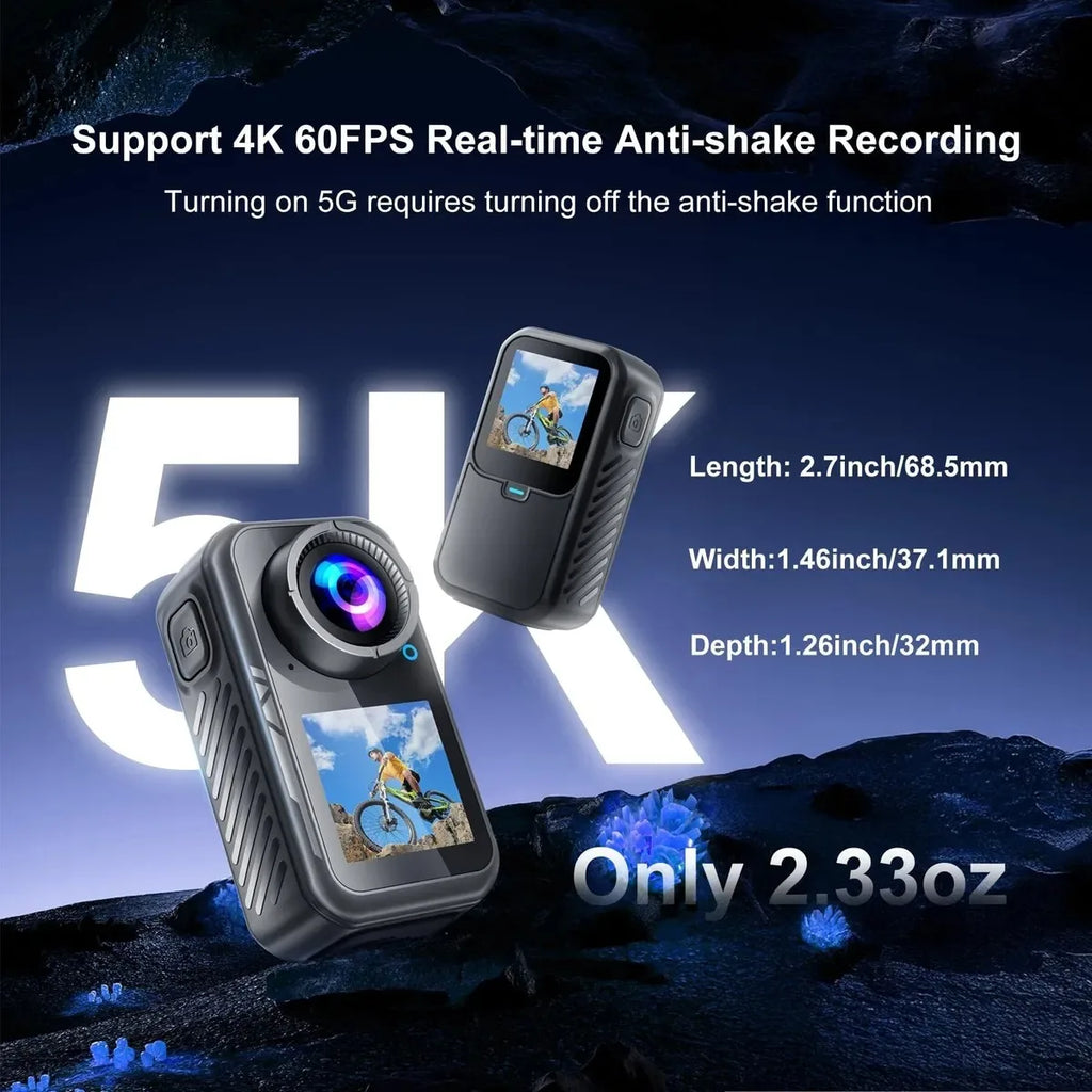5K Mini Action Camera 4K 60FPS Anti Shake Touch Screen Waterproof Magnetic Pendant Body Cam Motorcycle Bike Outdoor Sport Record