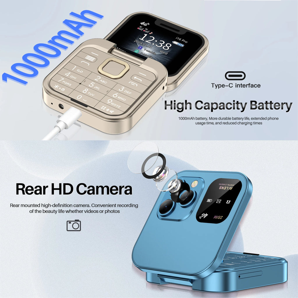 SERVO Mini Flip Mobile Phone 4G/2G Cellular 1.77" Diaplay Speed Dial Flashlight Recorder FM Radio Dual SIM Foldable Cellphones