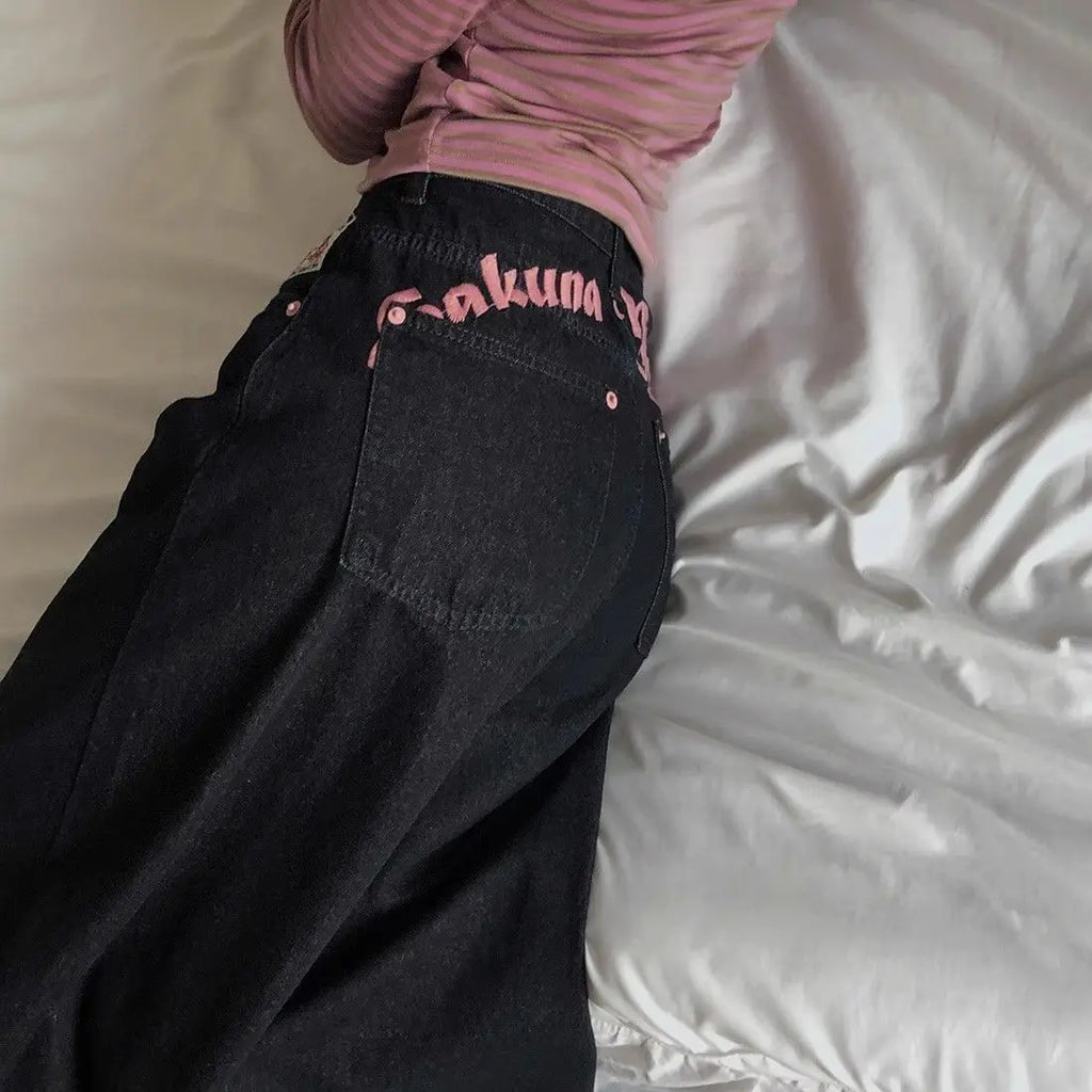 Women's Sweet Casual Full Length Baggy Denim Trouser Retro Emo Harajuku Loose Jeans Letter Embroidery High Waist Y2K 2000s Pants