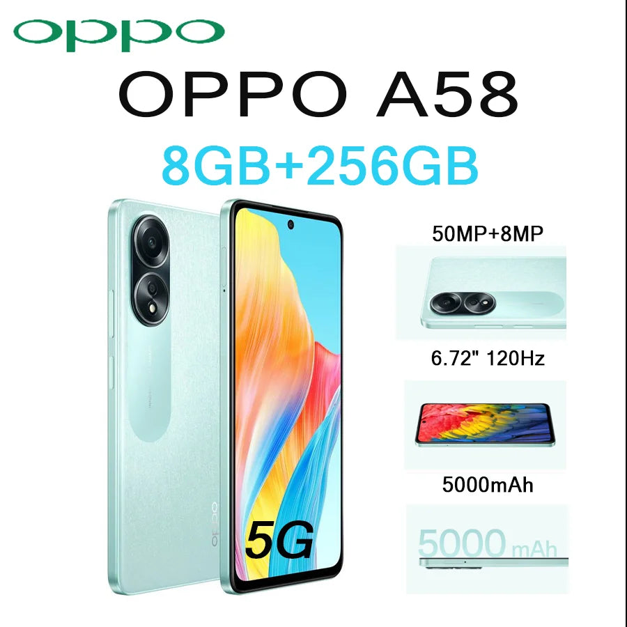 OPPO A58 6.72" 120Hz Display 8GB+256GB 50MP AI Cam 5000mAh Long Lasting Battery Side Fingerprint 5G LTE Dual SIM Smartphone