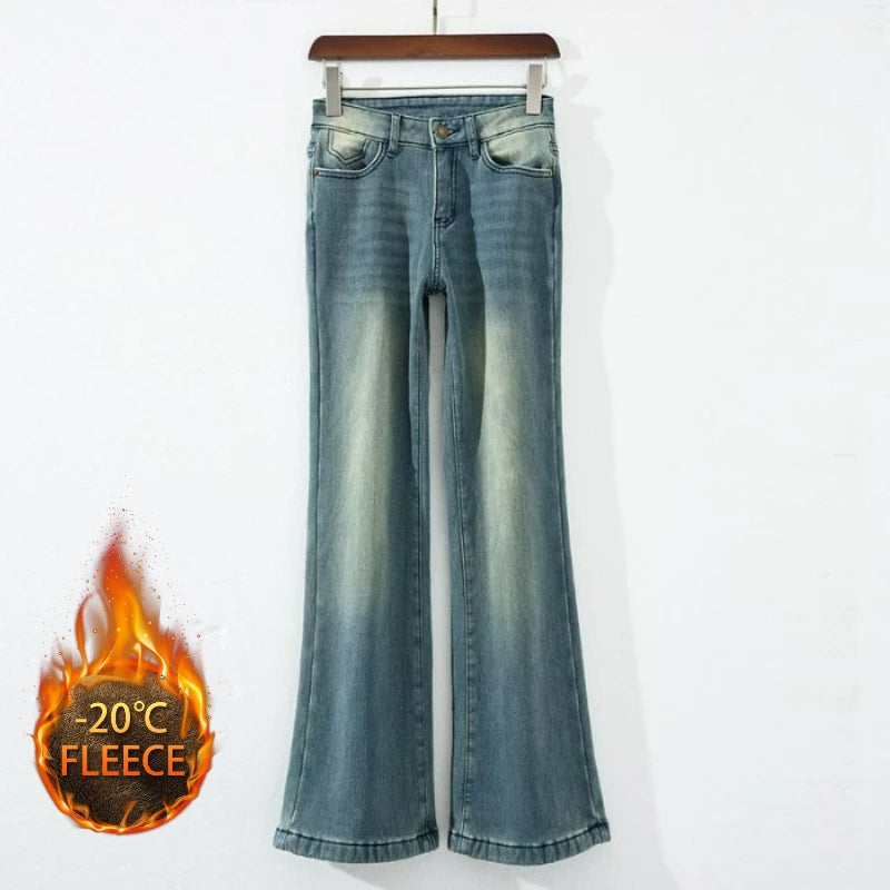 Autumn Winter Thickened Fleece-Lined Vintage Straight-Leg Jeans Women's Slimming Hip-Hiding Elastic Micro-Flared Cotton Trousers