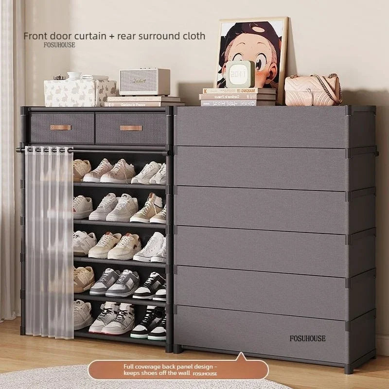 Multi layer Shoe Rack with Drawer for Entryway Hallway Storage Durable Metal Frame Indoor Organizer Space Saving Hanger Unit