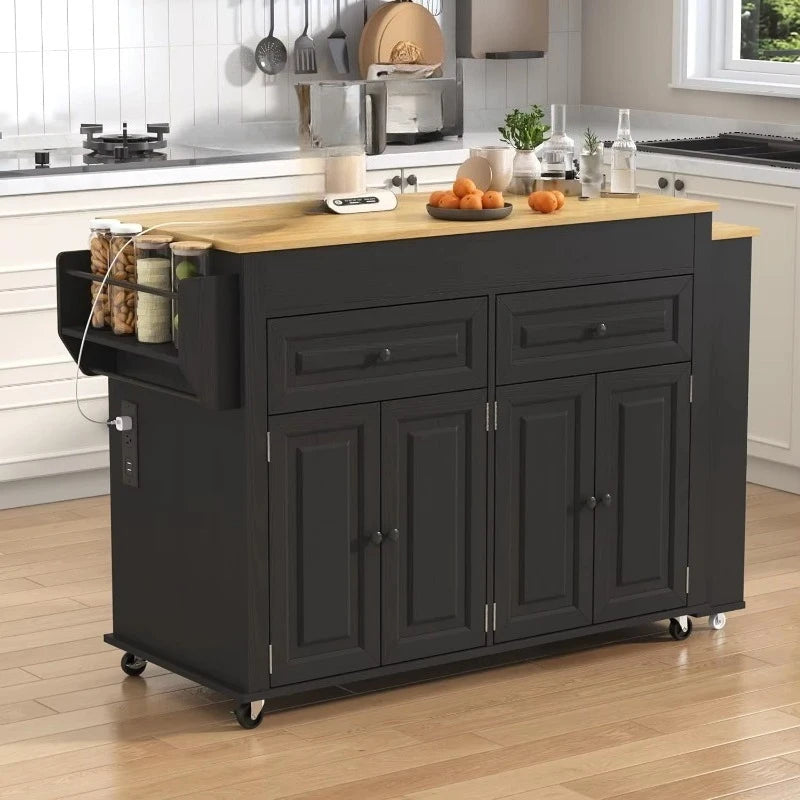 Retractable Sintering Stone Kitchen Island Cart with Power Socket Storage Drawer