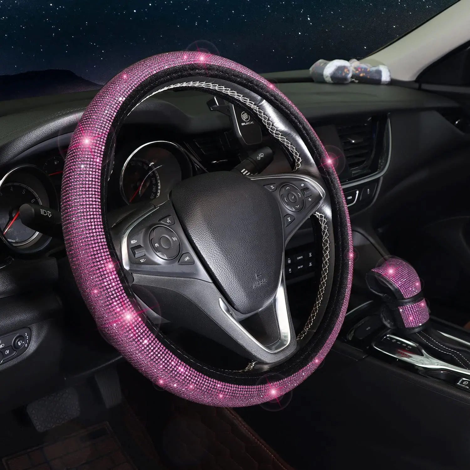 38cm Bling Car Accessories Set For Women Rhinestones Steering Wheel Cover Safety Belt Covers Gear Shift Cover Diamond Cup Pads