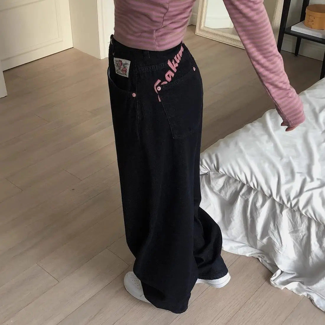 Women's Sweet Casual Full Length Baggy Denim Trouser Retro Emo Harajuku Loose Jeans Letter Embroidery High Waist Y2K 2000s Pants