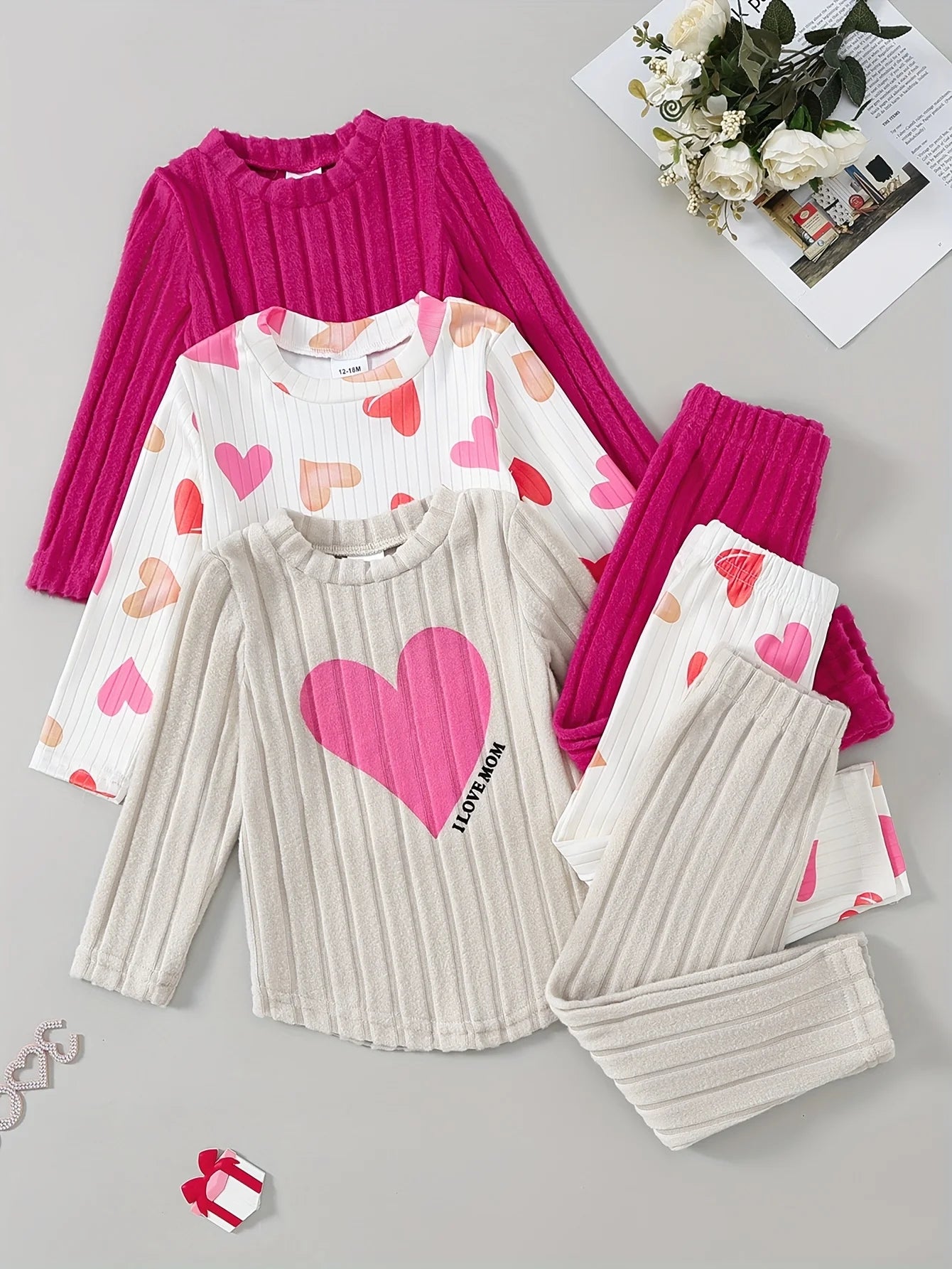 Baby Girl Autumn Winter 3PCS Set Cute Heart Print Ribbed Fabric Sweet Newborn Outfit Outdoor Essential