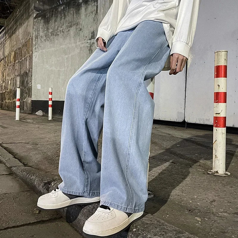 Fashion Men's Solid Color Drape Jeans Loose Straight Korean Vintage High Street Hip-hop Y2K Casual Daily Dragging Wide-leg Pants