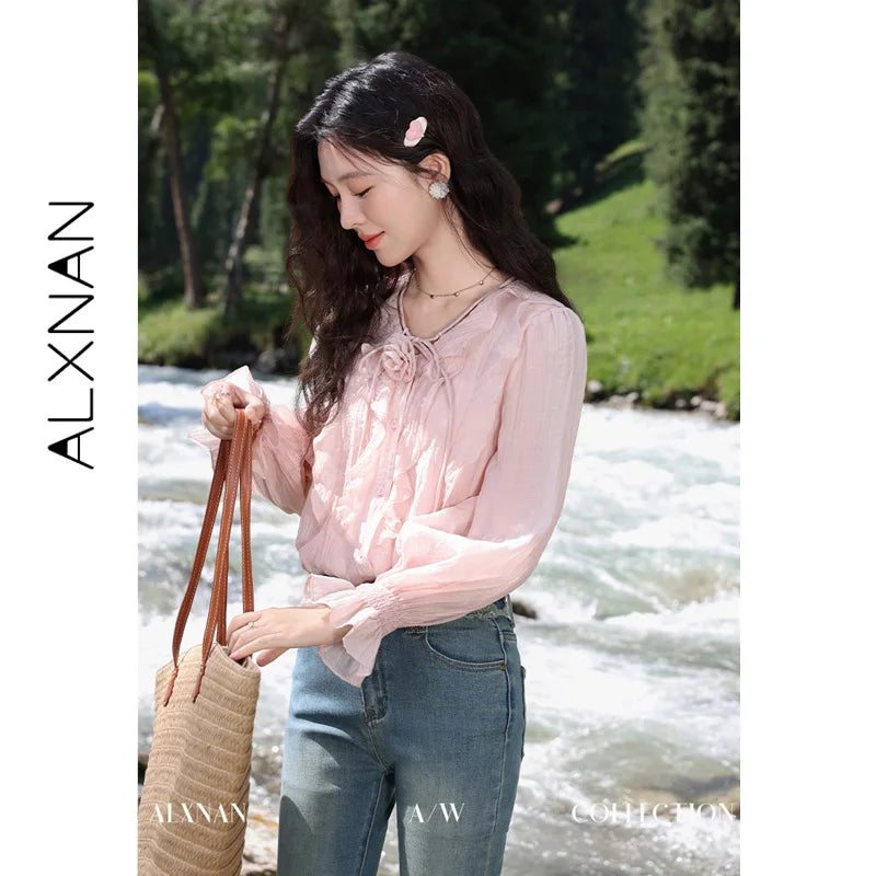 ALXNAN French Style Women's Pink Shirt Autumn V-neck With Detachable 3D Flowers Full Long Sleeves Elastic Cuffs Shirts VL39307