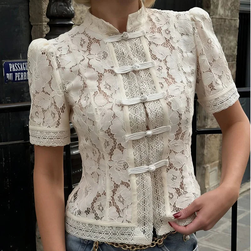 Tossy Summer Lace Printed Shirts Tops Female Hollow Out Fashion Commute Vintage See-Through Blouse Women's Lace Shrug Shirts New