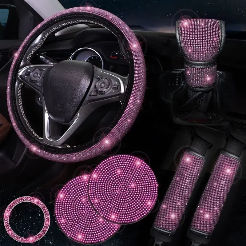 38cm Bling Car Accessories Set For Women Rhinestones Steering Wheel Cover Safety Belt Covers Gear Shift Cover Diamond Cup Pads
