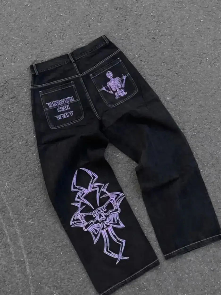 Retro Skull Embroidery Y2K Jeans Mens Hip Hop Washed Baggy Denim Pants New Straight Casual Loose Wide Leg Trouser Streetwear