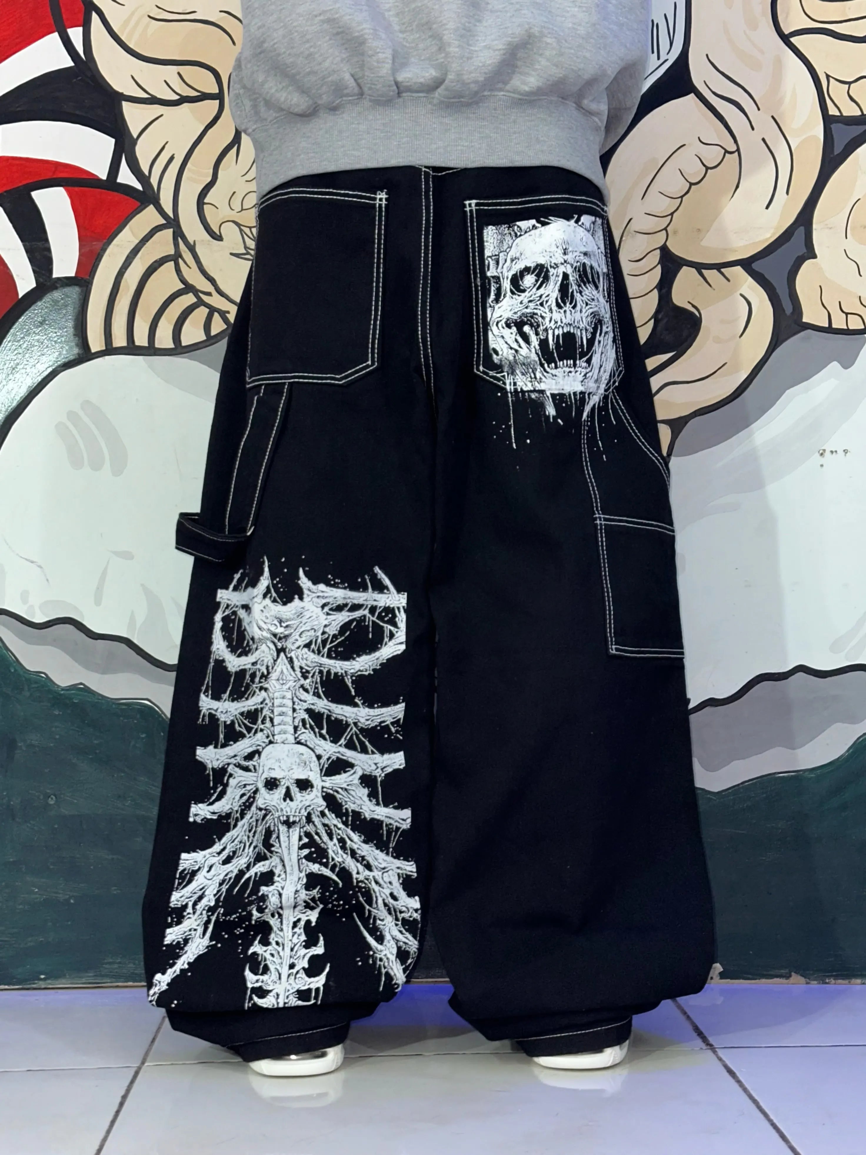 Skull Print Gothic Punk Baggy Oversized Wide Leg Jeans Women Large Pocket High Waisted Work Denim Pants Harajuku Unisex Jeans