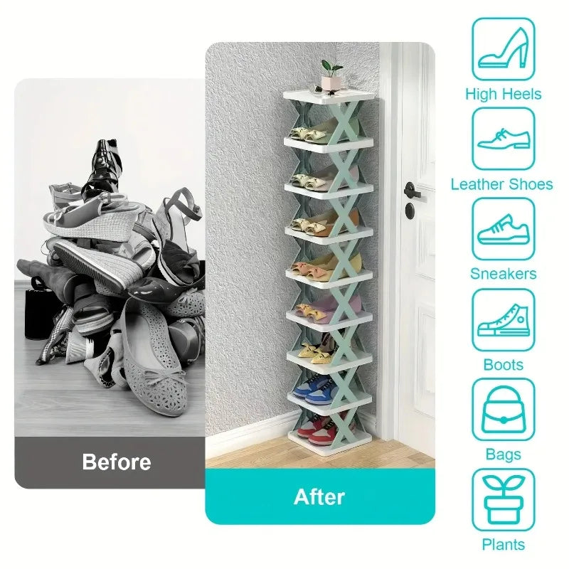 9-Tier Vertical Shoe Rack - Space-saving Tall & Narrow Design for Entranceways, Easy to Assemble Home Organization Storage
