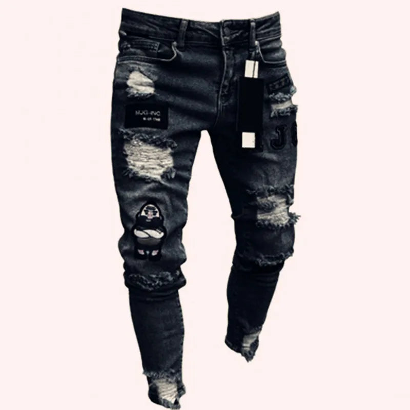 new White Embroidery Jeans Men Cotton Stretchy Ripped Skinny Jeans High Quality Hip Hop Black Hole Slim Fit Oversize Denim Pants