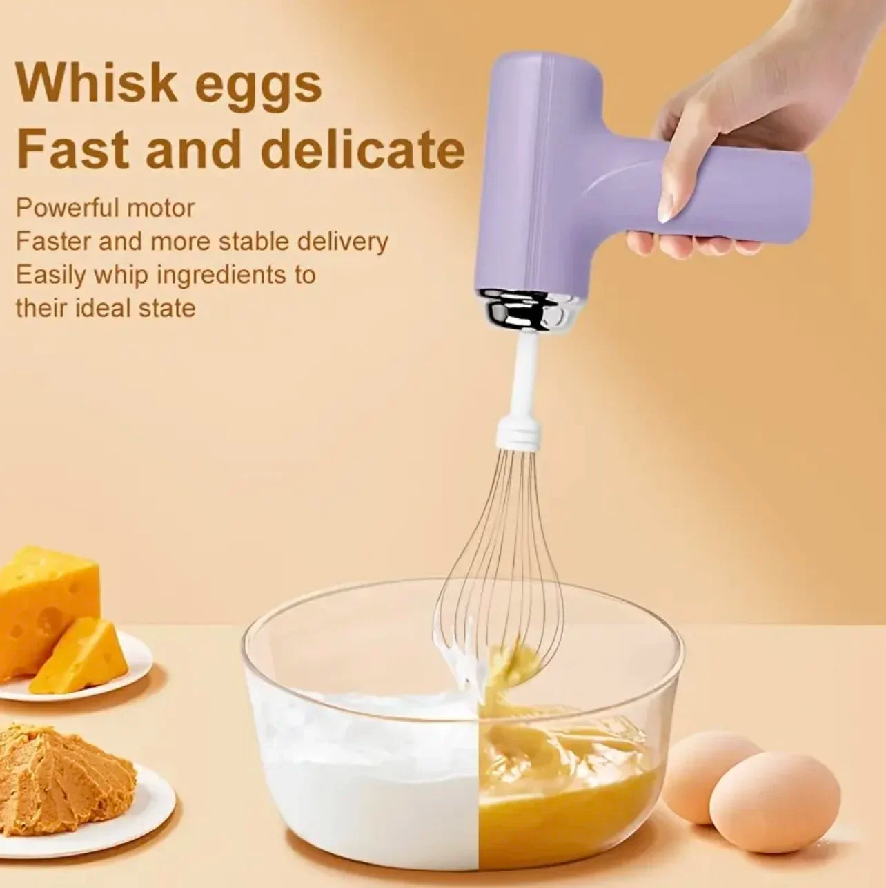 Electric Egg Beater Wireless Electric Food Mixer Handheld Mixer with 3 Speed Settings Baking Dough Cake Cream Milk Whisk