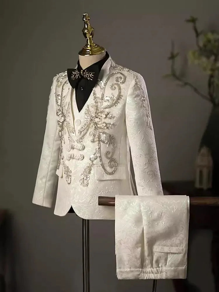 New Children's Host Performance Suit Sequin Beads Design Kids Wedding Birthday Party Evening Gown Boys Catwalk Blazer Sets A3381