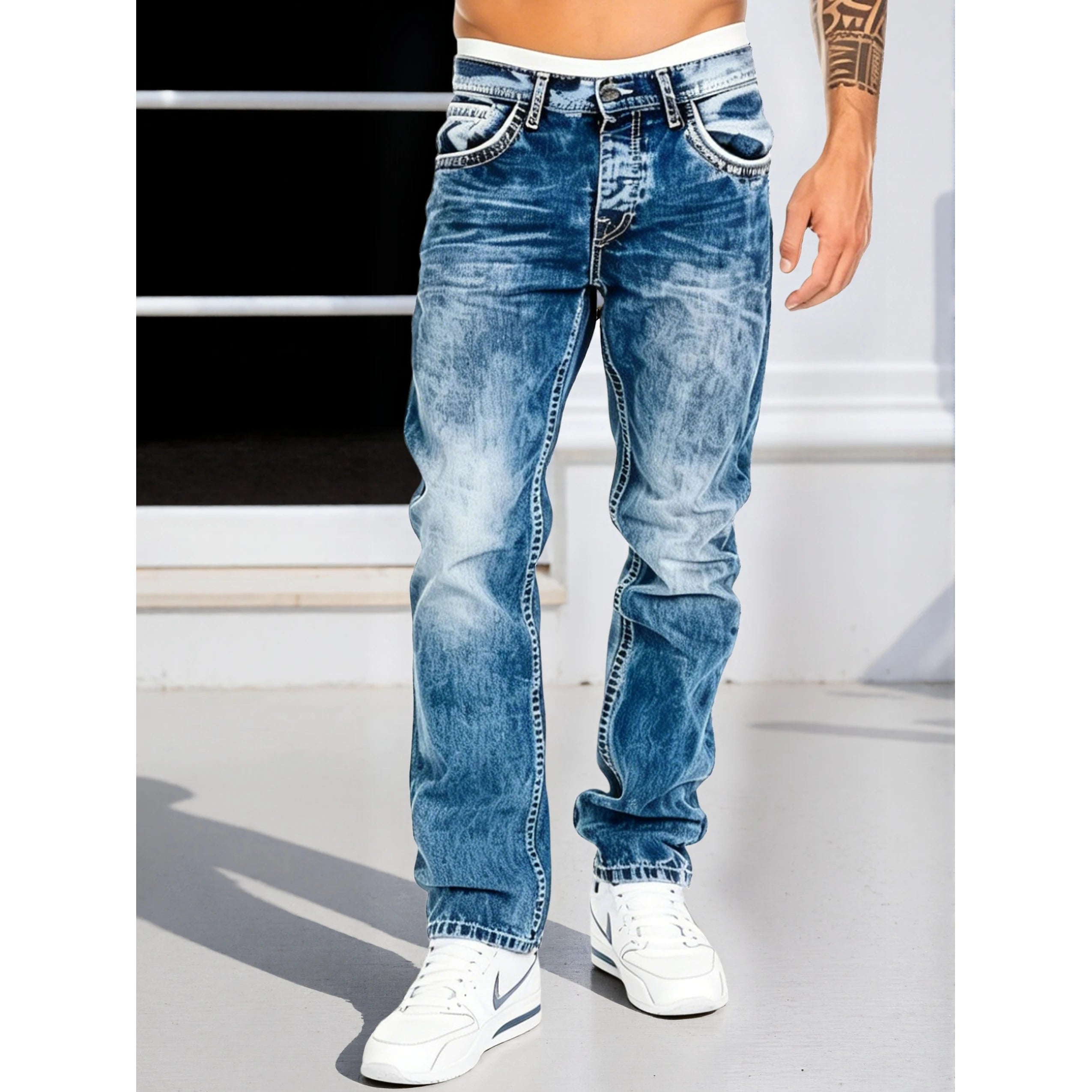 Men's Jeans Man Pants Classic Straight Cut Stretchl Denim Trousers Vintage Washed Solid Color for Street Style