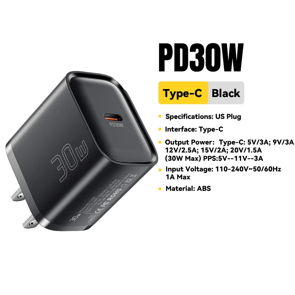 Cargador Mini USB-C 30W | Compacto y Potente - Compatible iPhone y Samsung