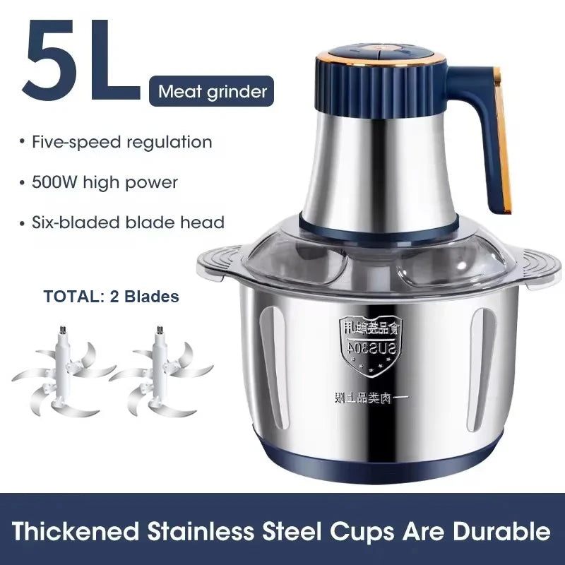 Electric Meat Grinder 5L Stainless Steel Meat Mincer Vegetables Blender, 500W Household Stuffing and Food Processor 5 Speeds