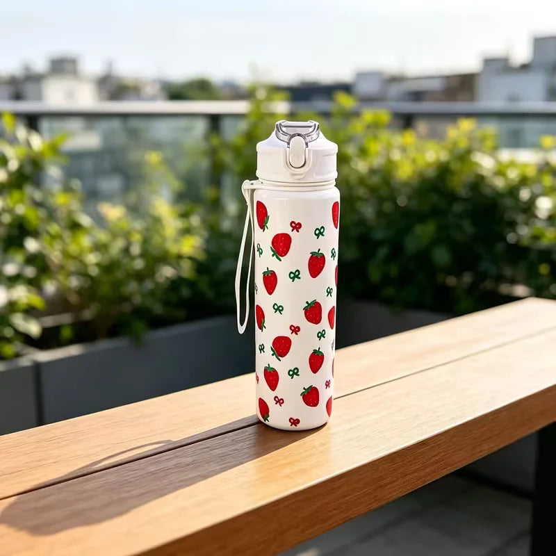 750ML Cute Strawberry Cherry Flower Bowknot Printed Tumbler with Pure White Base, High-Value Straw Cup for Sports