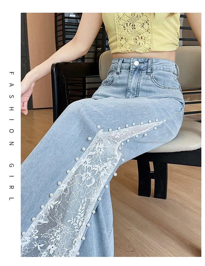 Women's High Waist Lace Stitching Beaded Wide Leg Jeans Summer Stretch Floor Length Pants