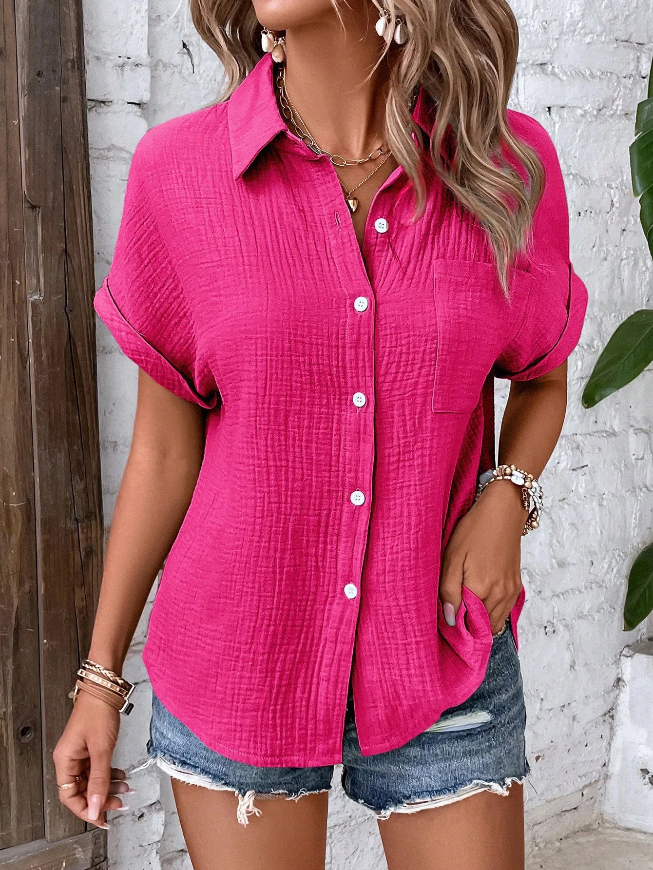 Women Casual Cotton Blouse Vintage Summer Short Sleeve Slim Shirt Elegant Turn Down Collar Solid Tunics Harajuku Streetwear Tops