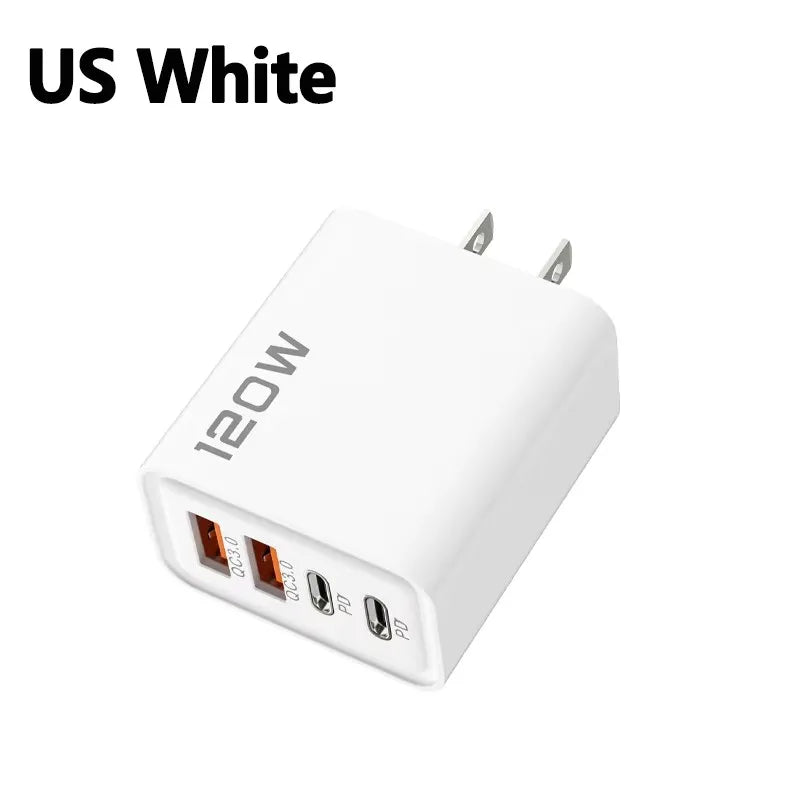 Cargador 4 Puertos 120W USB-C | Carga Rápida QC3.0 - iPhone, Samsung y Xiaomi