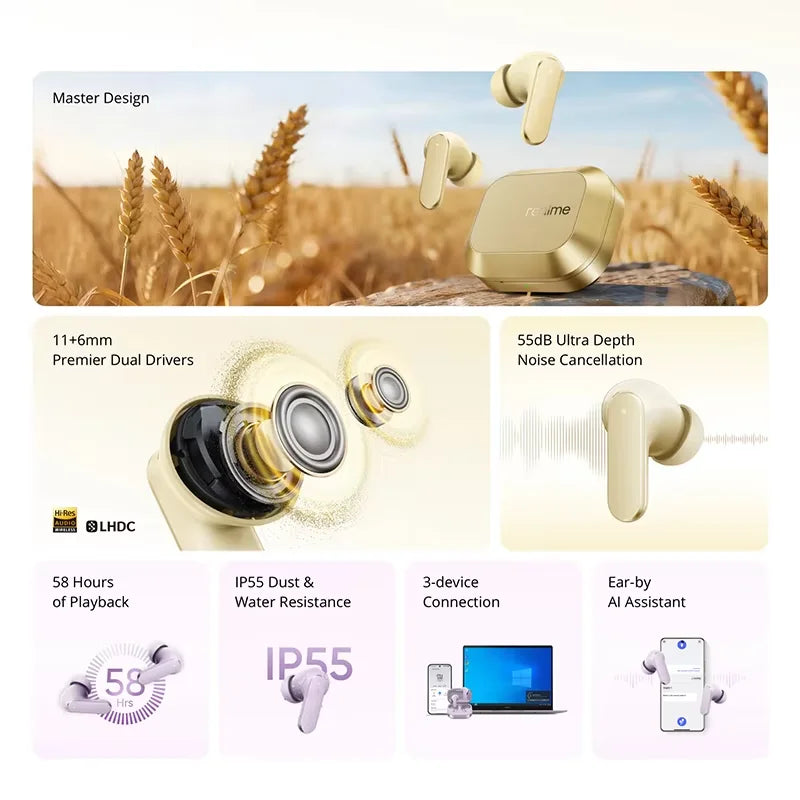 Global Version realme Buds Air 8 55dB Ultra Depth Noise Cancellation True Wireless Earphone Bluetooth 5.4 Earbuds LHDC 5.0 IP55