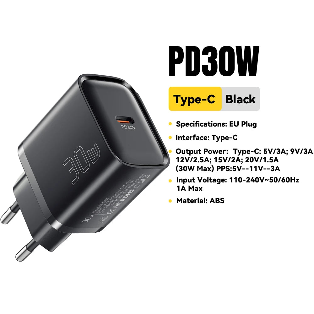 Cargador Mini USB-C 30W | Compacto y Potente - Compatible iPhone y Samsung