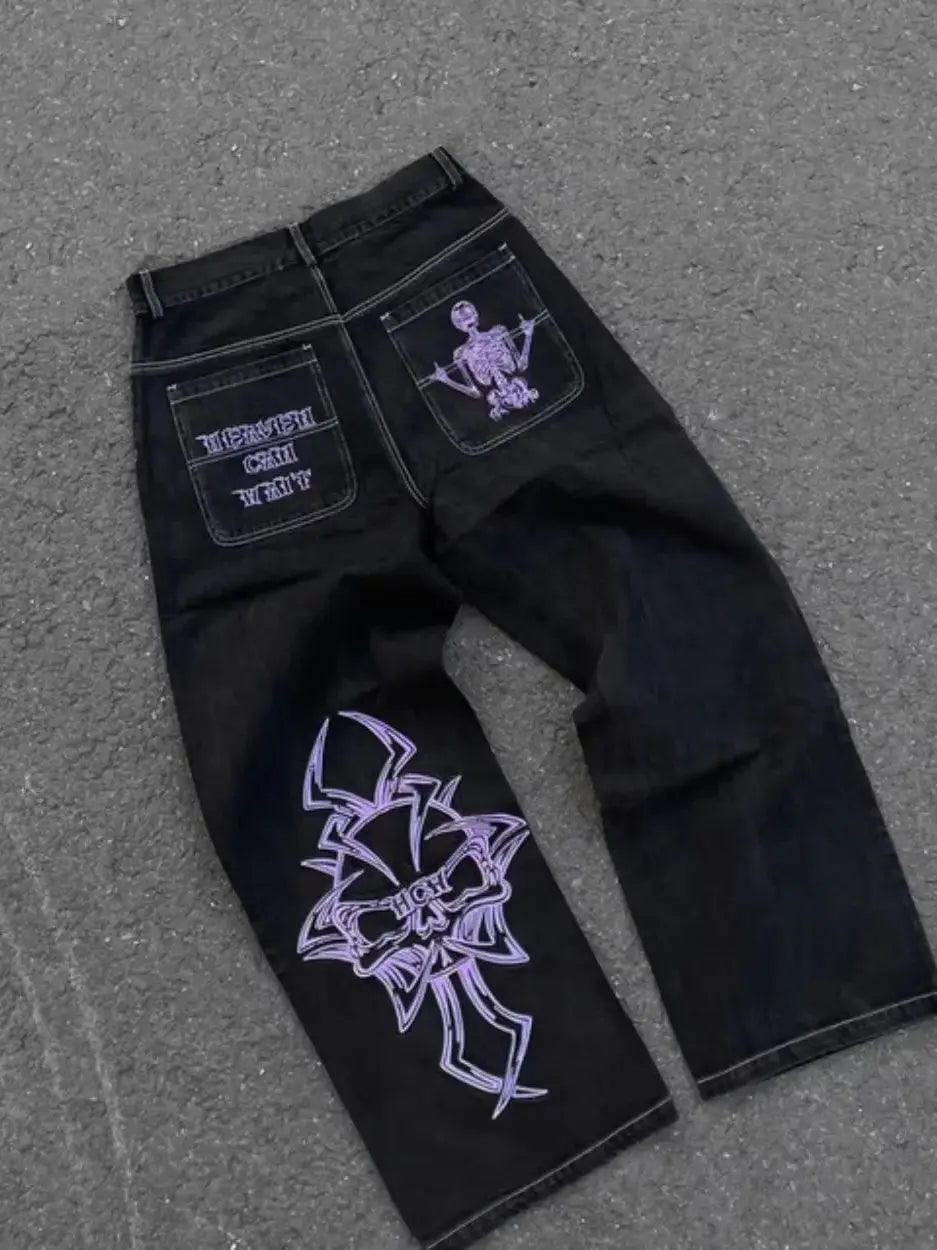 Retro Skull Embroidery Y2K Jeans Mens Hip Hop Washed Baggy Denim Pants New Straight Casual Loose Wide Leg Trouser Streetwear