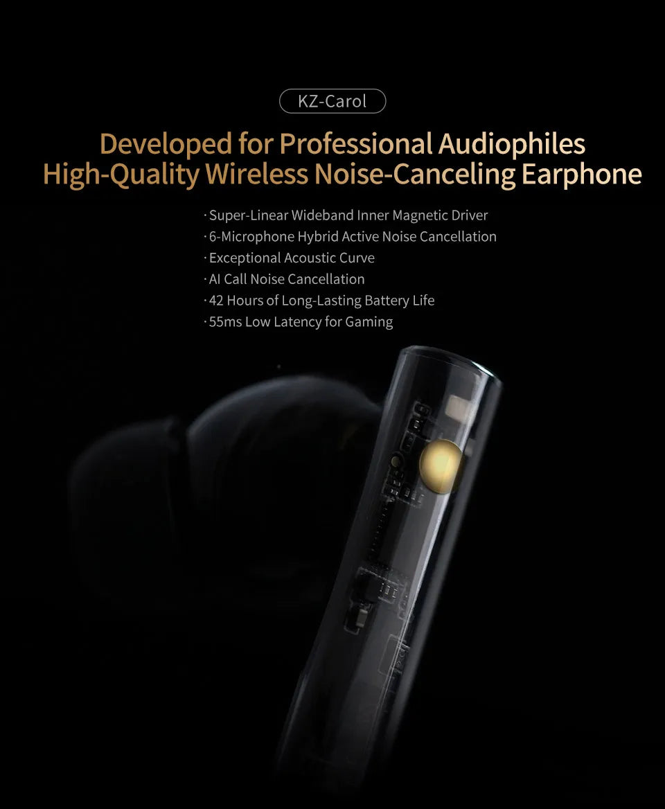 KZ Carol ANC True Wireless Earphone 55dB Active Noise Canceling TWS Headphone 6 Mics AI HD Call Bluetooth 5.3 HiFi in-Ear Earbud