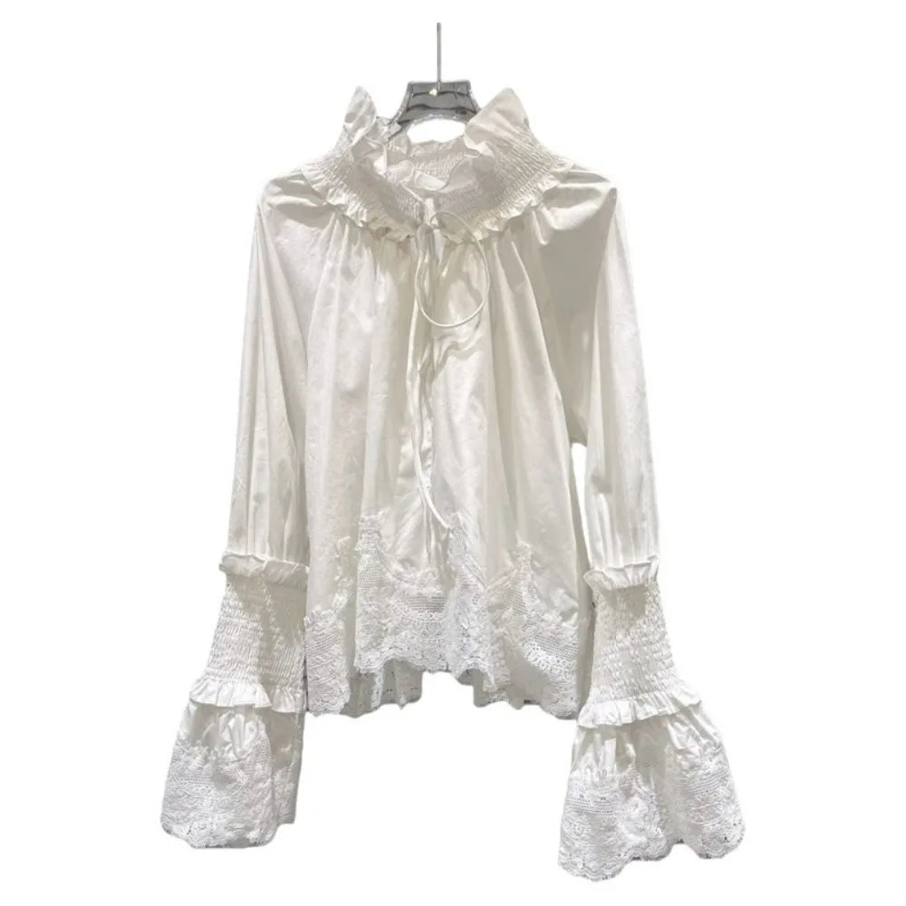 2026 Autumn New Women's Clothing French Design White Temperament Sweet Lace Strap Turtleneck Horn Sleeve Versatile Shirts Ladies